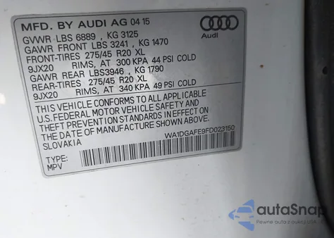 2015 Audi Q7 3.0T S Line Prestige z USA, uszkodzony, nr VIN WA1DGAFE9FD023150